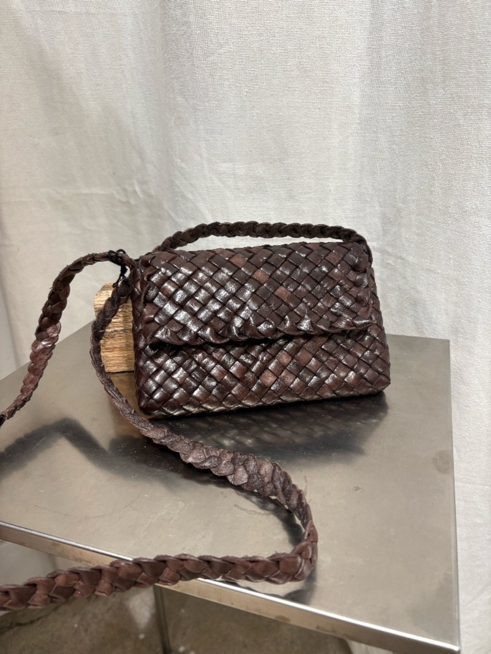 Veev Woven Leather Crossbody Bag in Chocolate